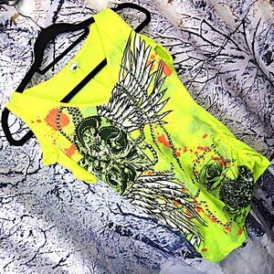 NEON GRAPHIC TEE S Converse One Sleeve Cold Shoulder Green Orange Tattoo Art Y2K
